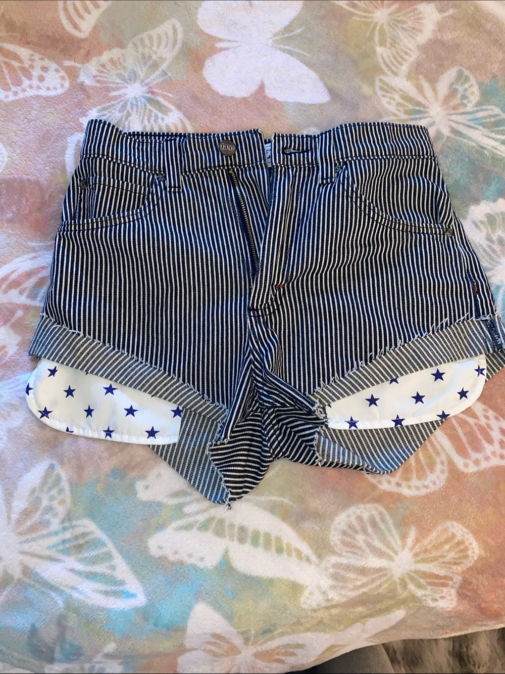 Kacey Lee Striped High-Waist Shorts with Star-Print Accent - Navy/White